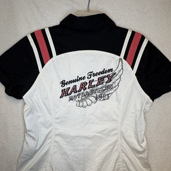 Vintage Harley Davidson Womens XL Spell Out Striped Full Zip Mechanic Shirt - Picture 9 of 10